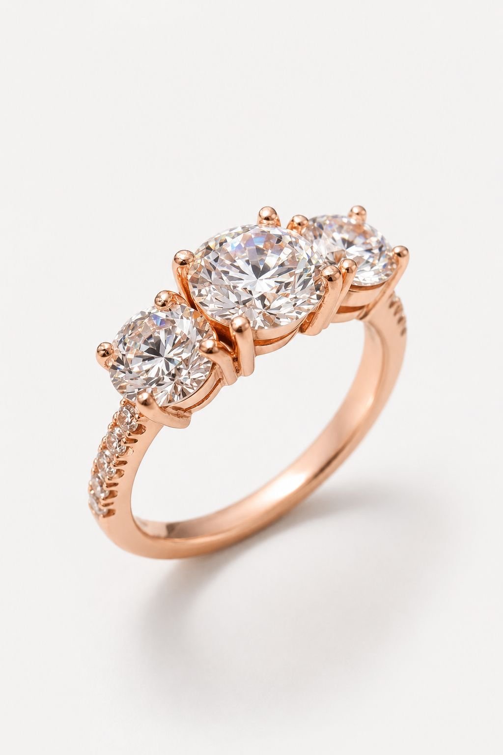 Anillo Tres Piedras Oro Rosado 18K con Diamantes de Laboratorio